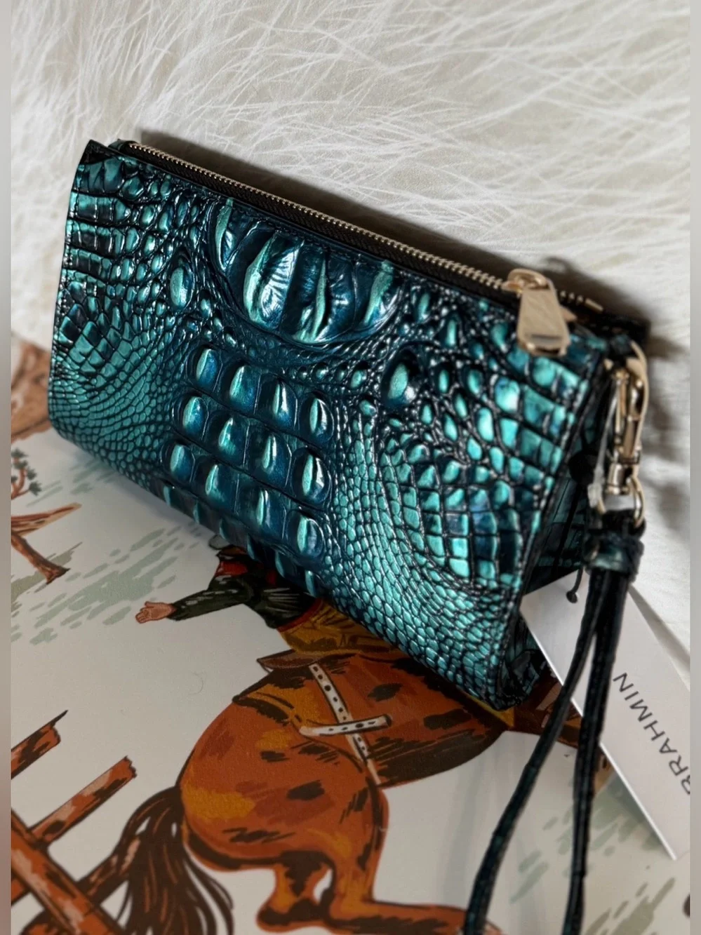 PERFECT EYE Brahmin DAISY Leather Wristlet Clutch BLUE PATINA assorted blue
